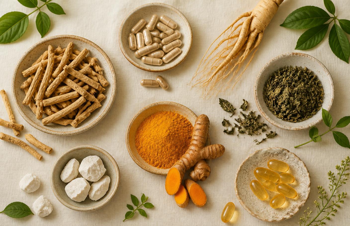 Botanical and mineral ingredients typical of the Vitalix Prime formula, including ginseng root, turmeric, green tea and capsules