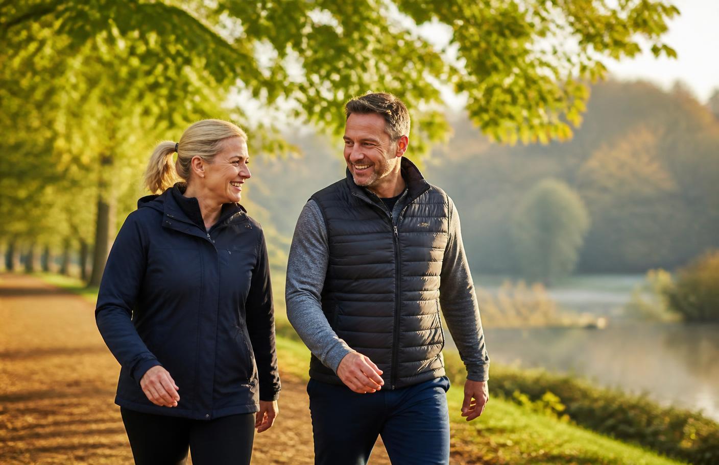 A couple walking through a UK park in the morning, illustrating everyday energy
