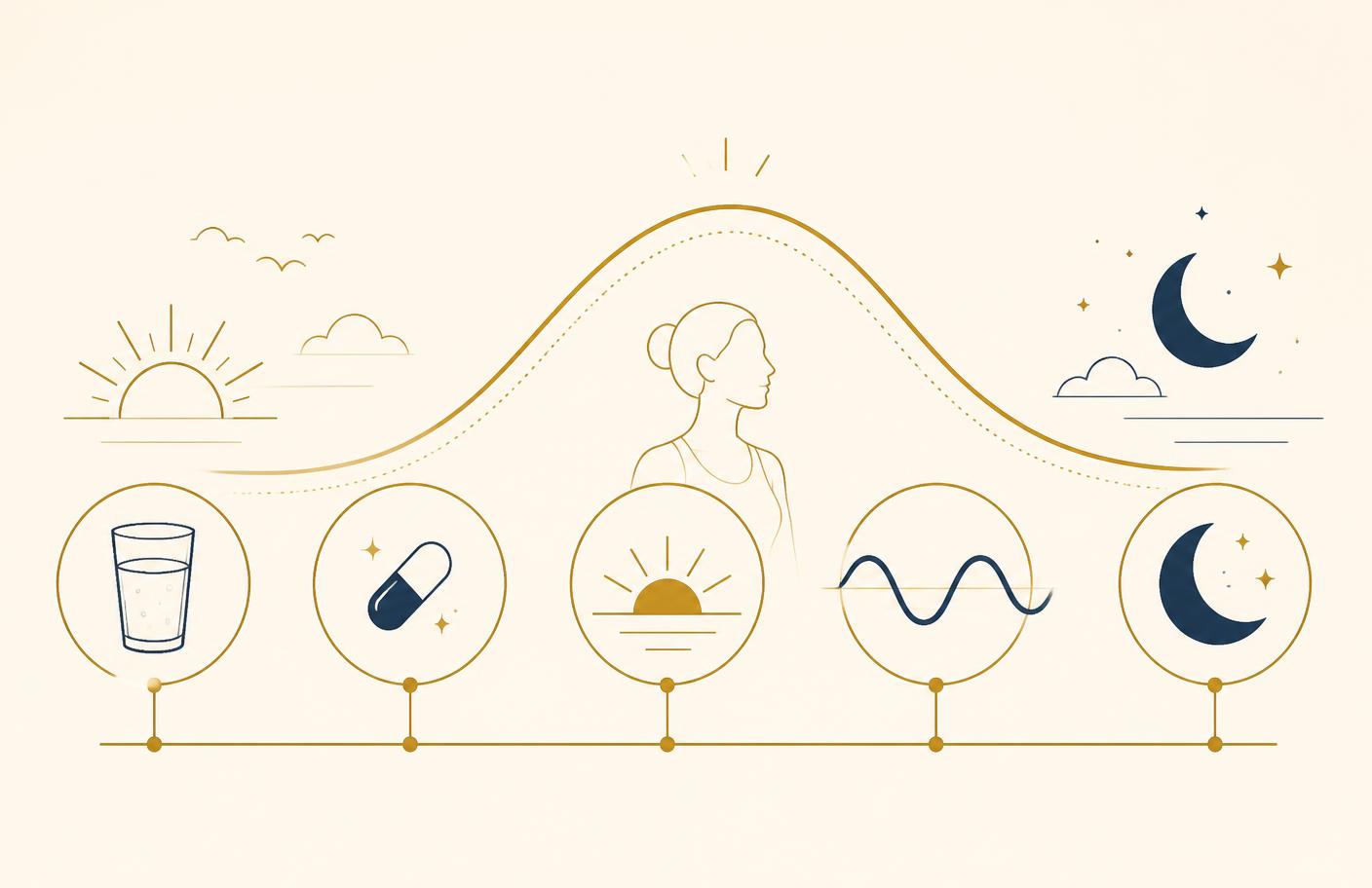 Illustration of a daily routine with Vitalix Prime, from morning capsule to evening wind-down